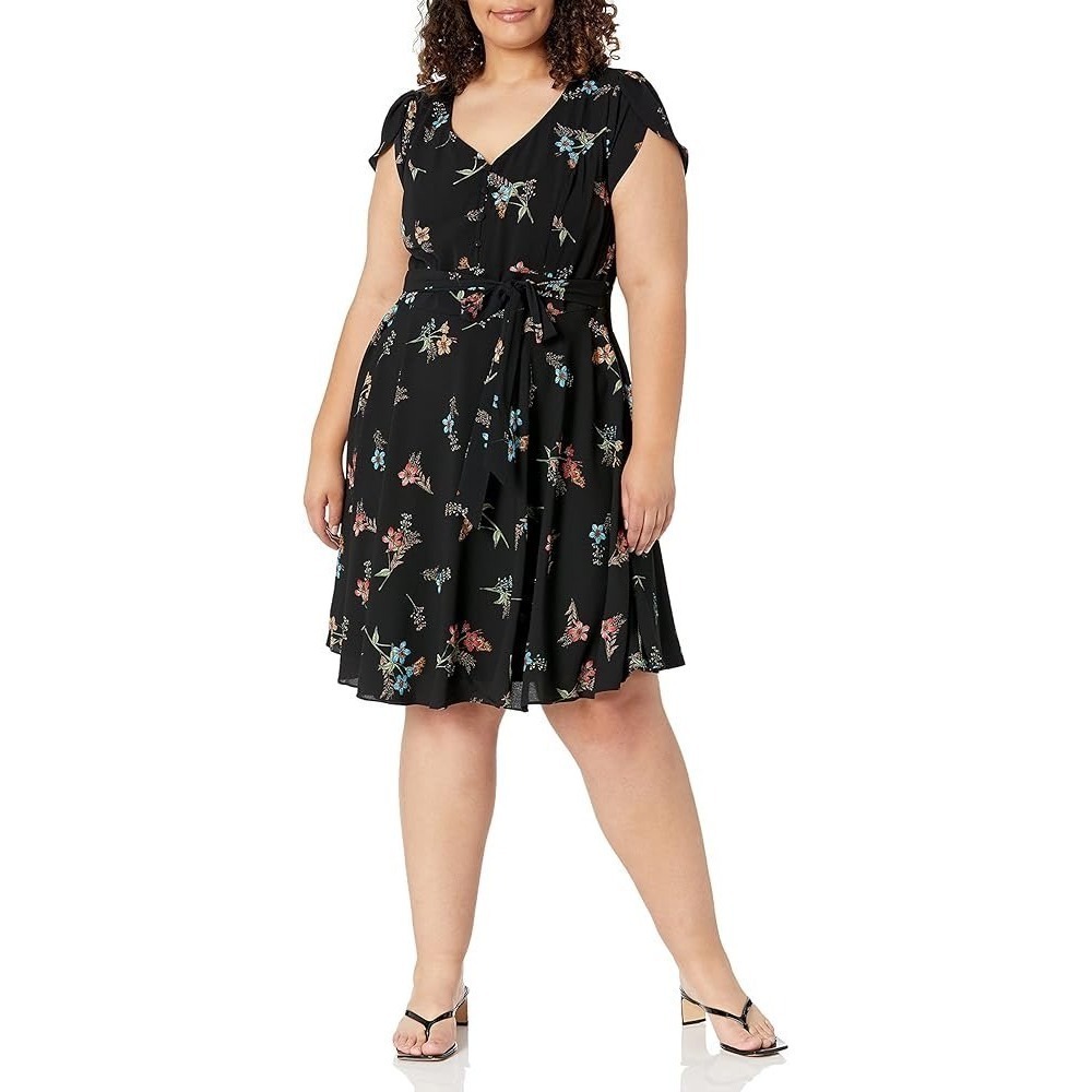 City Chic Floral Black Knee Length Dress Tie Waist Size 16 Plus Size